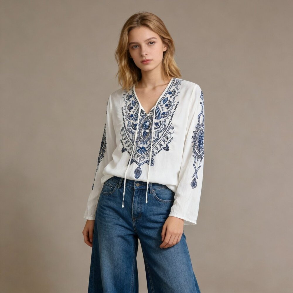 NWOT Johnny Was Biya Embroidered Floral Tunic Boho White Blue Shirt Blouse Sz S